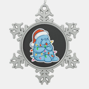 Merry Manatee Christmas Sea Cow Santa Hat Xmas Snowflake Pewter Christmas Ornament