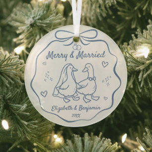 Merry & Married 1st Christmas Hand Drawn Goose Glass Tree Decoration