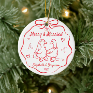 Merry & Married 1st Christmas Photo Hand Drawn Ceramic Ornament