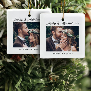 Merry & Married 2 Wedding Photos Ceramic Ornament
