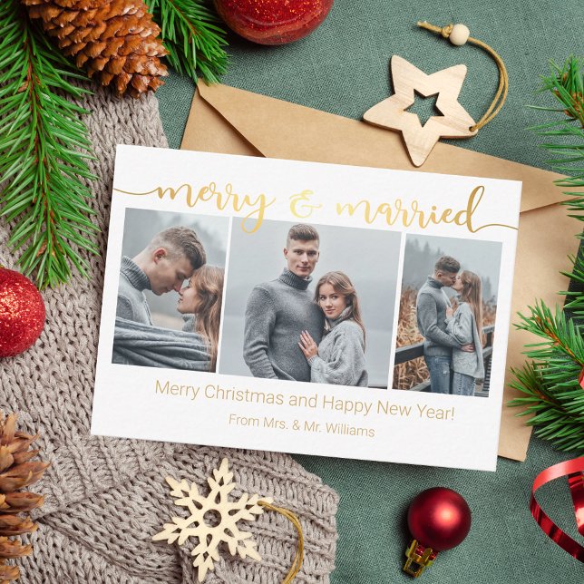 merry&married, 3 photos collage newlyweds gold  card (Creator Uploaded)