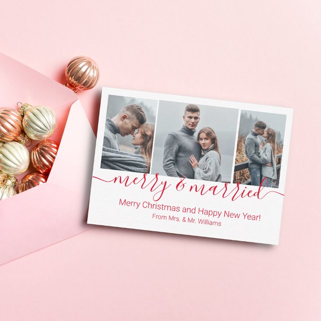 merry&married, 3 photos collage newlyweds holiday  card (Creator Uploaded)