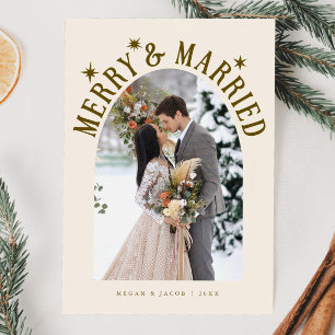 Merry & Married Arch Newlywed Photo Cream Holiday Card