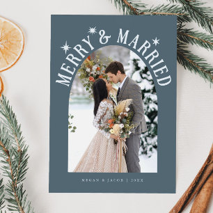 Merry & Married Arch Newlywed Photo Slate Blue Holiday Card
