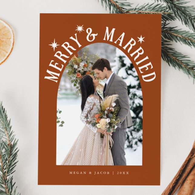 Merry & Married Arch Newlywed Photo Terracotta Holiday Card (Creator Uploaded)