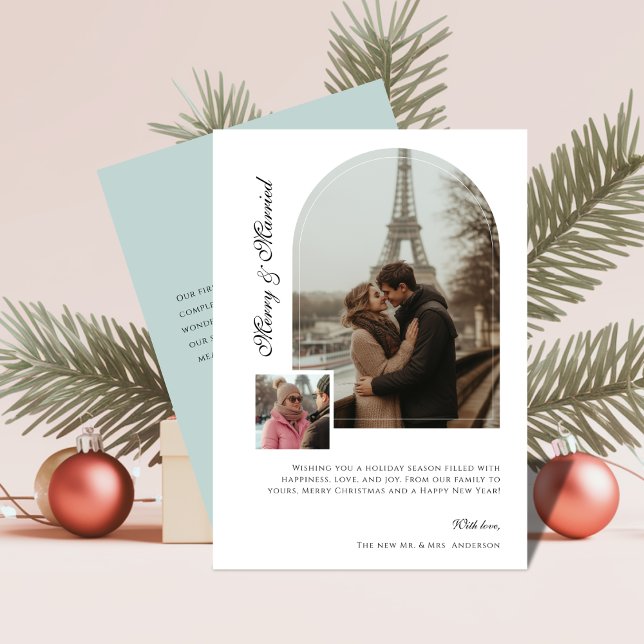 Merry & Married Arch Photo Christmas Wedding Green Holiday Card (Creator Uploaded)