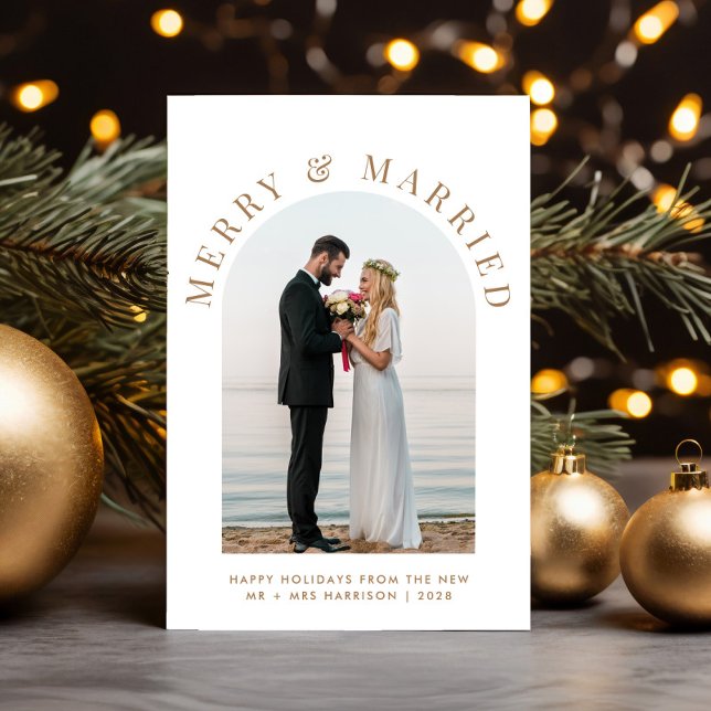 Merry Married Arch Photo White Gold Christmas Holiday Card (A beautiful and unique photo card to announce your marriage to family + friends this holiday season)