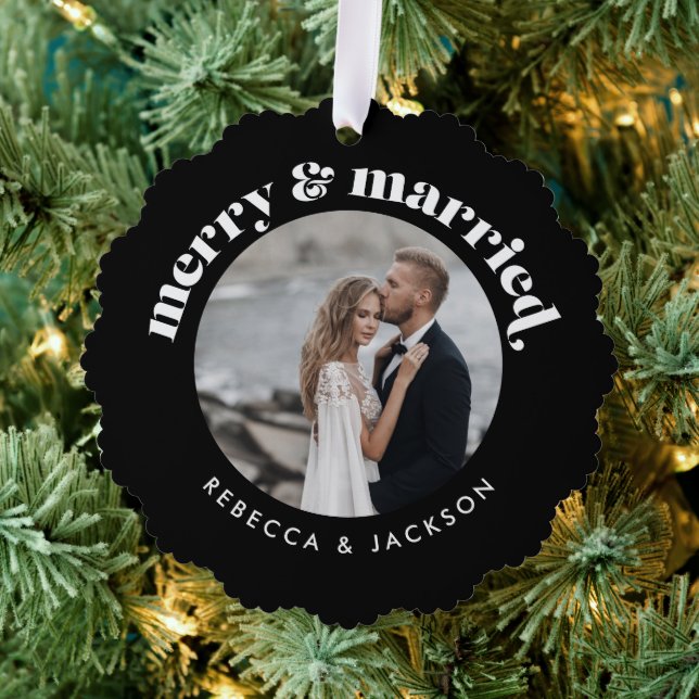Merry Married Black Wedding Photo Christmas Tree Decoration Card (Insitu (Tree))
