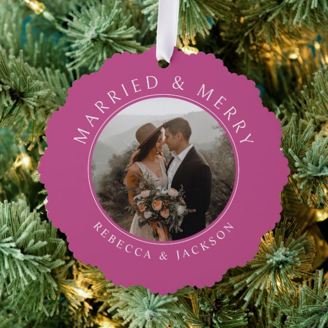 Merry Married Bold Pink Newlyweds Wedding Photo Tree Decoration Card (Insitu (Tree))