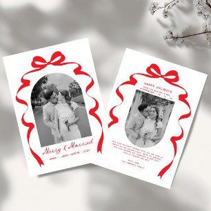 Merry & Married Bow Photo Christmas Newlyweds Arch Holiday Card