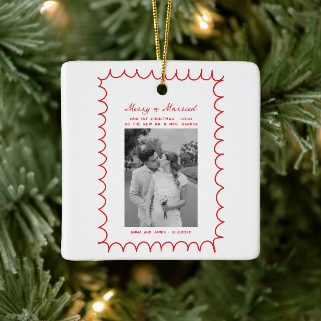 Merry & Married Bow Photo Christmas Newlyweds Ceramic Ornament (Tree)