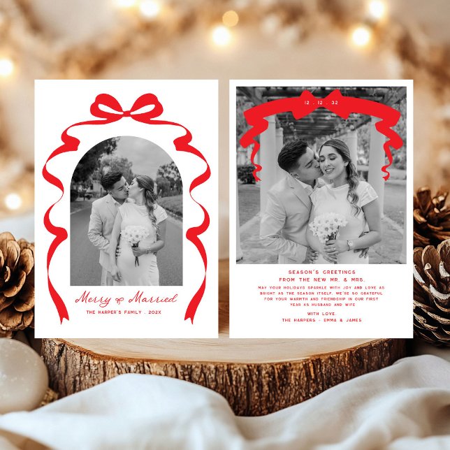 Merry & Married Bow Photo Christmas Newlyweds Holiday Card (Creator Uploaded)