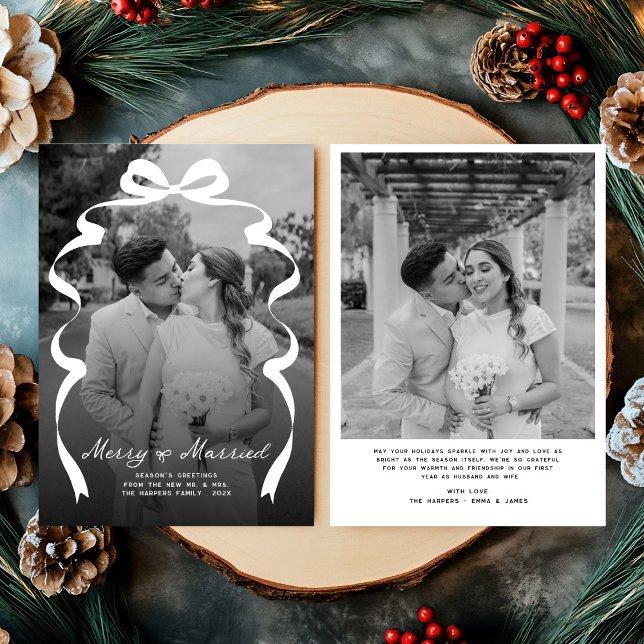 Merry & Married Bow Photo Christmas Newlyweds Holiday Card (Creator Uploaded)