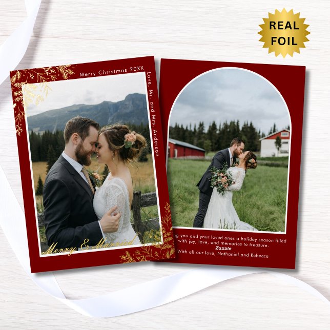 Merry & Married Burgundy & Gold 2 Photo Christmas Foil Holiday Card (Creator Uploaded)
