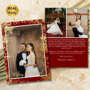 Merry & Married Burgundy & Gold 3 Photo Christmas Foil Holiday Card