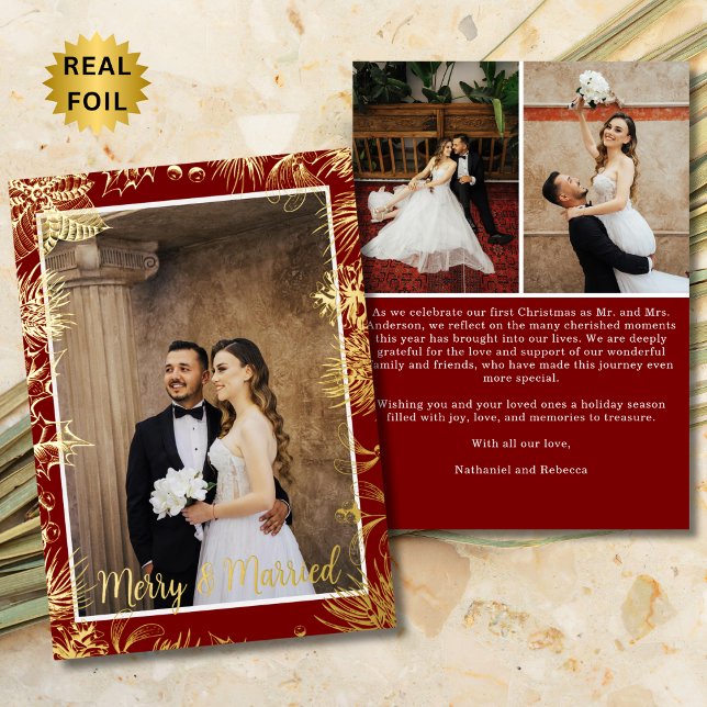 Merry & Married Burgundy & Gold 3 Photo Christmas Foil Holiday Card (Creator Uploaded)