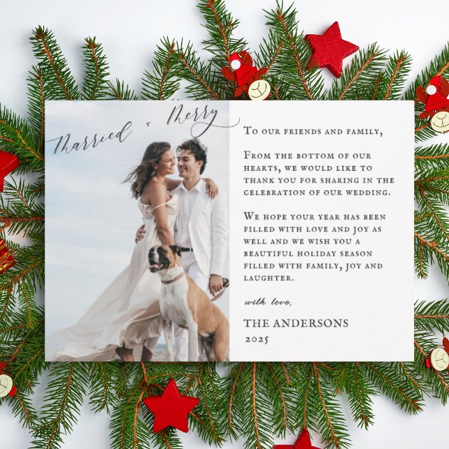 Merry Married Calligraphy Wedding Christmas Thank You Card (Creator Uploaded)