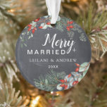 Merry Married Chalkboard Berry Foliage Ornament<br><div class="desc">This rustic ornament is perfect for a newlywed couple. It features a wood background with watercolor winter leaves and red berries.</div>
