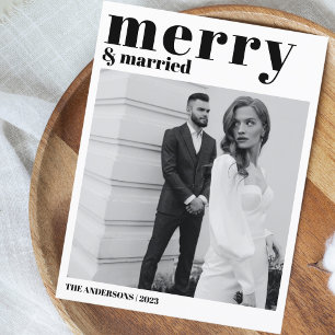 Merry & Married Christmas Modern Photo Black White Holiday Postcard