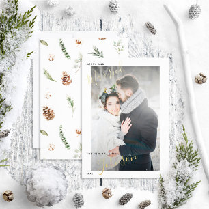 Merry & Married Cotton Winter Wedding Photo Foil Holiday Card