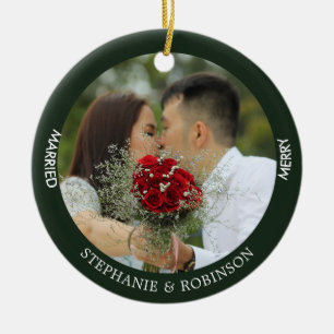 Merry Married Custom Photo Forest Green Ceramic Ornament