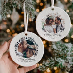 Merry & Married Cutout Frame 2-Photo 1st Christmas Ceramic Ornament<br><div class="desc">This personalised “Merry & Married” wedding photo ornament is a romantic way to celebrate a couple’s first Christmas together as newlyweds. This double-sided design features a festive wreath-style cutout of delicate leaves, stars, and modern accents framing your favourite wedding photo, creating a holiday keepsake full of love and joy. Below...</div>