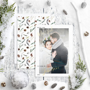 Merry & Married Dusty Winter Wedding Photo Foil Holiday Card