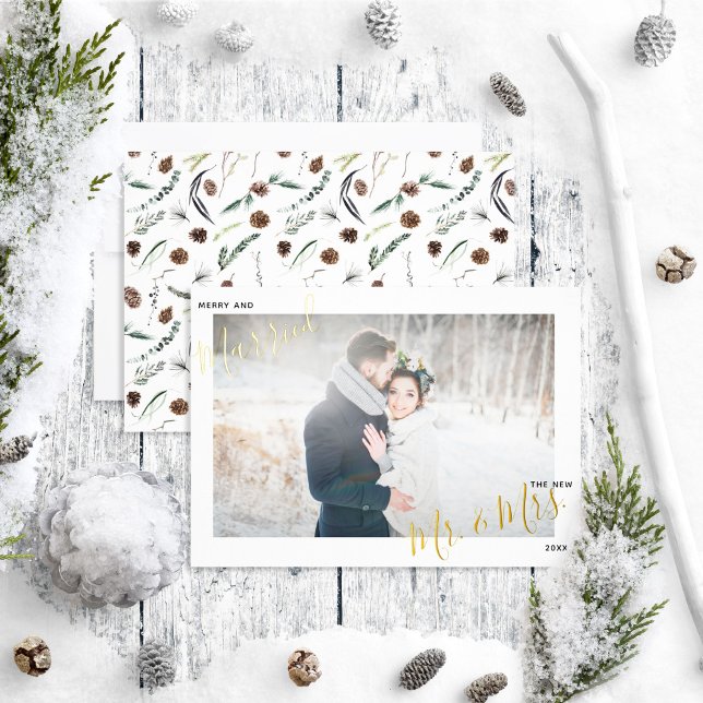 Merry & Married Dusty Winter Wedding Photo Foil Holiday Card (Creator Uploaded)