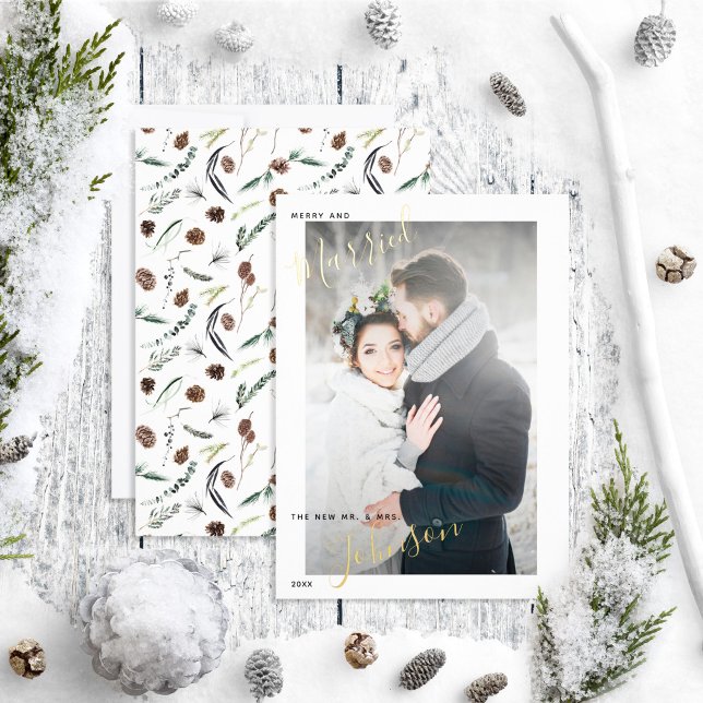 Merry & Married Dusty Winter Wedding Photo Foil Holiday Card (Creator Uploaded)