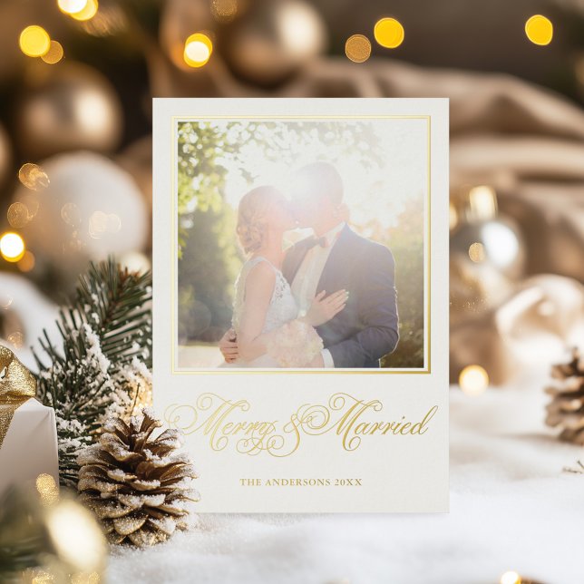 Merry & Married Elegant Calligraphy Photo Foil Holiday Card (Creator Uploaded)
