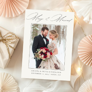 Merry & Married Elegant Calligraphy Photo Wedding Holiday Card
