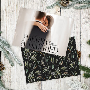Merry & married Elegant photo modern botanical Holiday Card