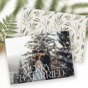 Merry & married Elegant photo modern botanical Holiday Card