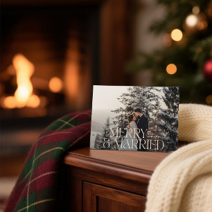 Merry & married Elegant photo modern botanical Holiday Card