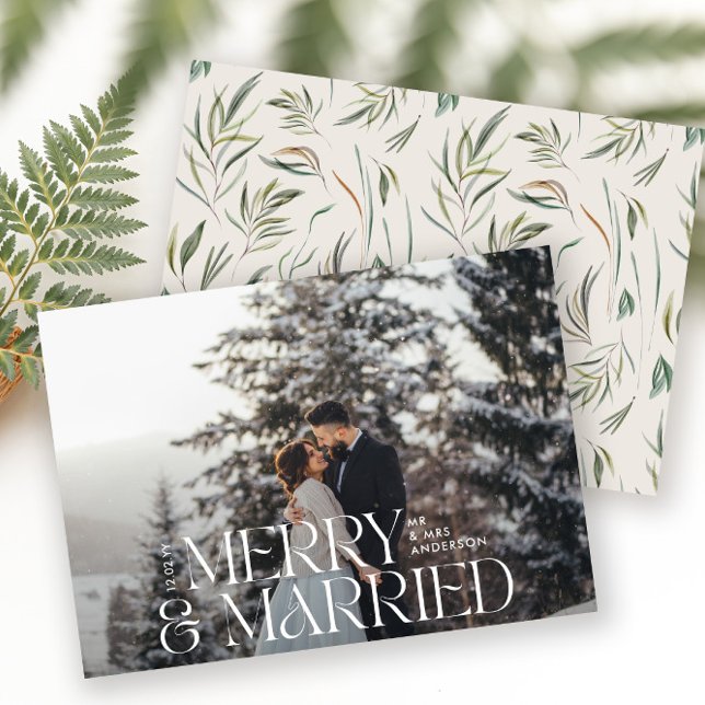 Merry & married Elegant photo modern botanical Holiday Card (Creator Uploaded)