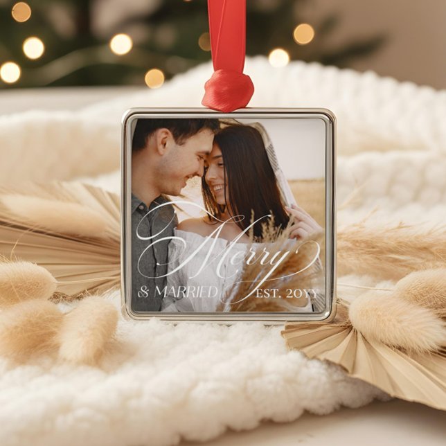 Merry & Married Elegant Script Newlyweds Photo Metal Ornament (Merry & Married Elegant Script Newlyweds Photo Metal Ornament)