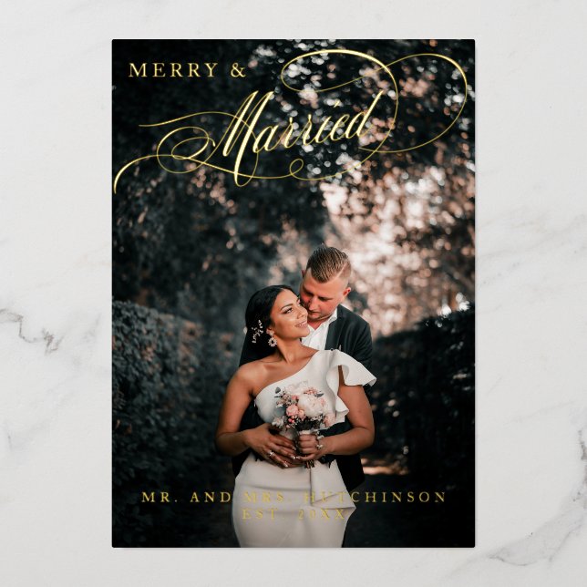 Merry & Married Elegant Script Photo Foil Holiday  (Front)