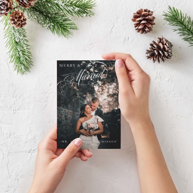 Merry & Married Elegant Script Photo Holiday Card (Creator Uploaded)
