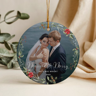 Merry & Married Elegant Script Wedding Photo Ceramic Ornament