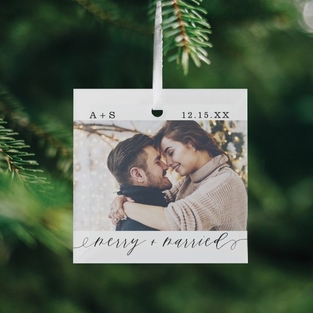 Merry & Married Elegant Script Wedding Photos Glass Tree Decoration (Creator Uploaded)