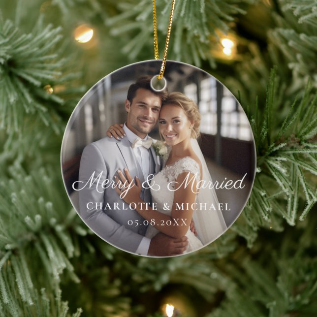 Merry & Married!  Elegant, Simpel, Photo Ceramic Ornament (Tree)