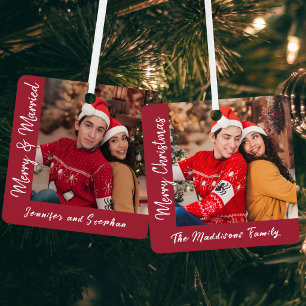 Merry & Married Festive Script Red Christmas Photo Metal Tree Decoration
