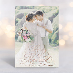 Merry & Married First Christmas Photo Rose Gold  Foil Holiday Card