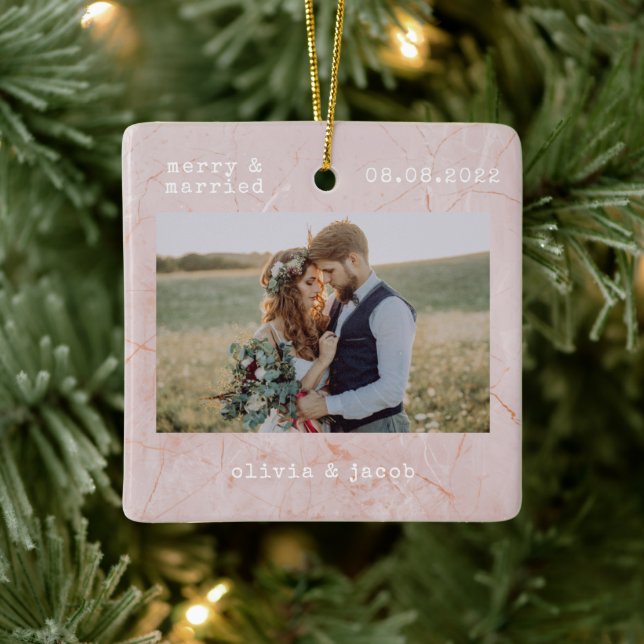 Merry & Married First Christmas Wedding Photo Ceramic Ornament (Tree)
