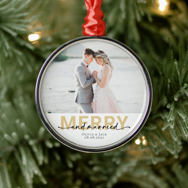 Merry & Married First Christmas Wedding Photo Metal Ornament (Tree)