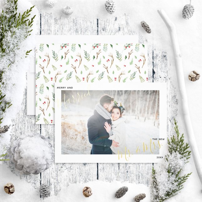 Merry & Married Forest Berry Wedding Photo Foil Holiday Card (Creator Uploaded)