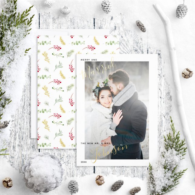 Merry & Married Gold Winter Wedding Photo Foil Holiday Card (Creator Uploaded)