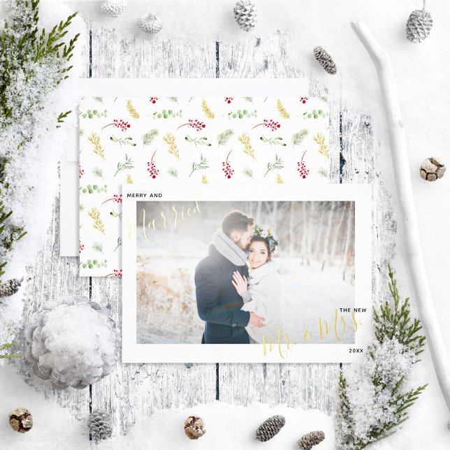 Merry & Married Gold Winter Wedding Photo Foil Holiday Card (Creator Uploaded)