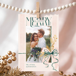 Merry & Married Green Bow Christmas Wedding Photo Holiday Card