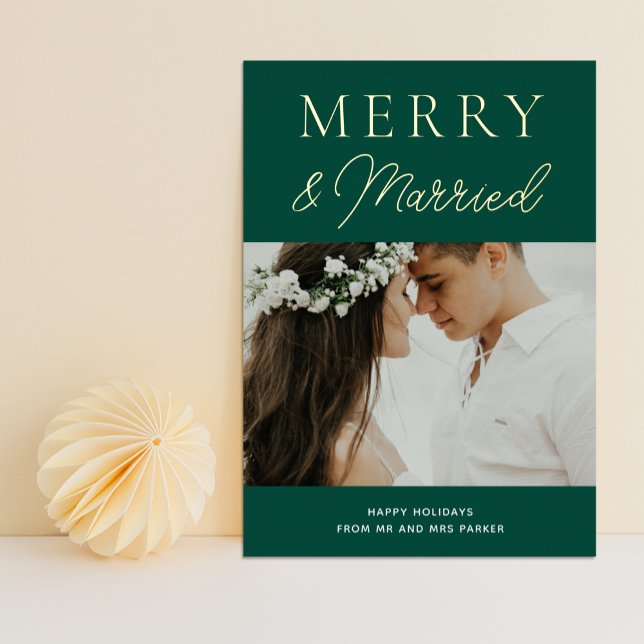 Merry Married Green Gold Script Photo Christmas Foil Holiday Card (Creator Uploaded)
